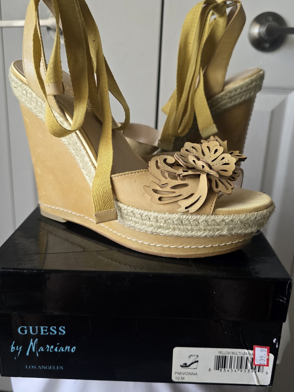 GUESS by Marciano Yellow Leather Wedge Espadrille Sandals with Floral Accent